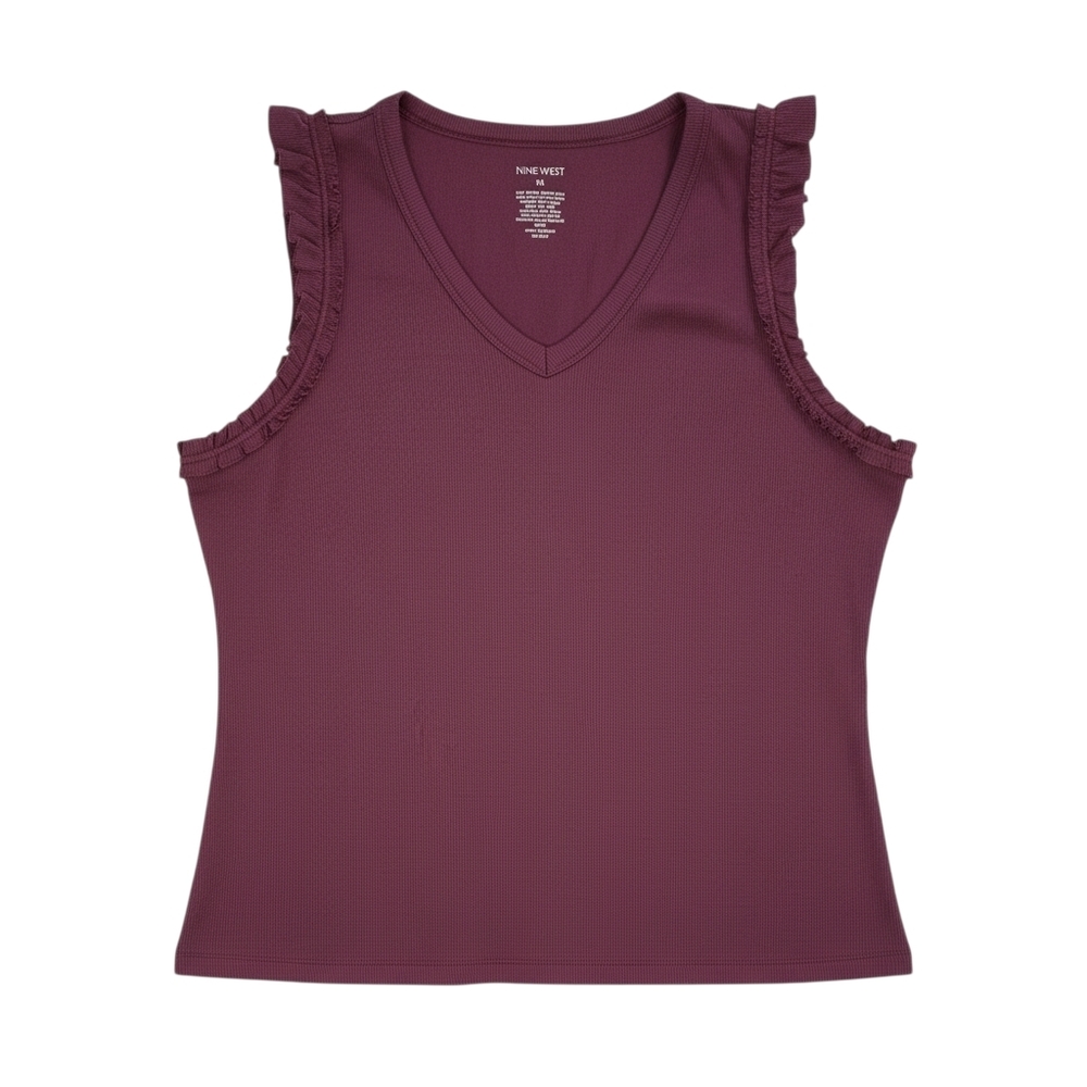 Nine West Burgundy Purple Ribbed Tank Top Ruffle V-Neck Stretch Basic XL